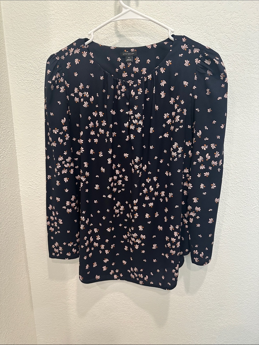 Ann Taylor Navy Blouse with Pink Floral Print